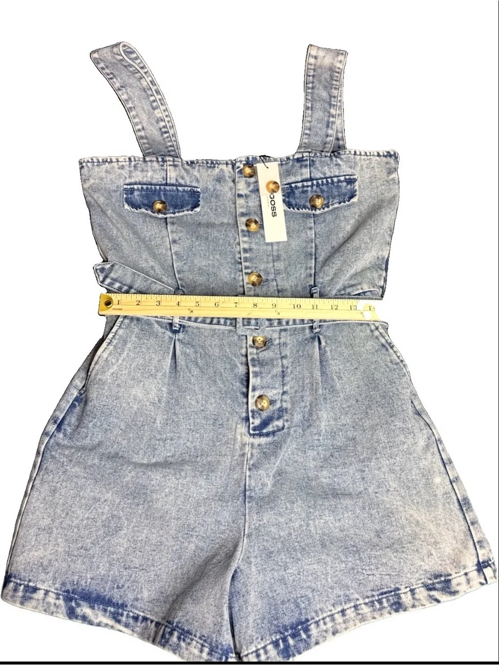 VIGOSS Denim Romper Women’s Large Acid Wash Belted Button Front NWT